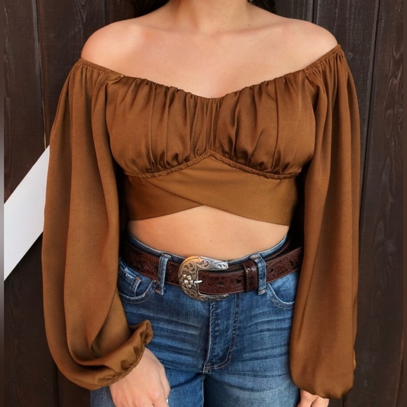 Windsor crop top long ballon sleeves silky brown size s - Picture 2 of 6